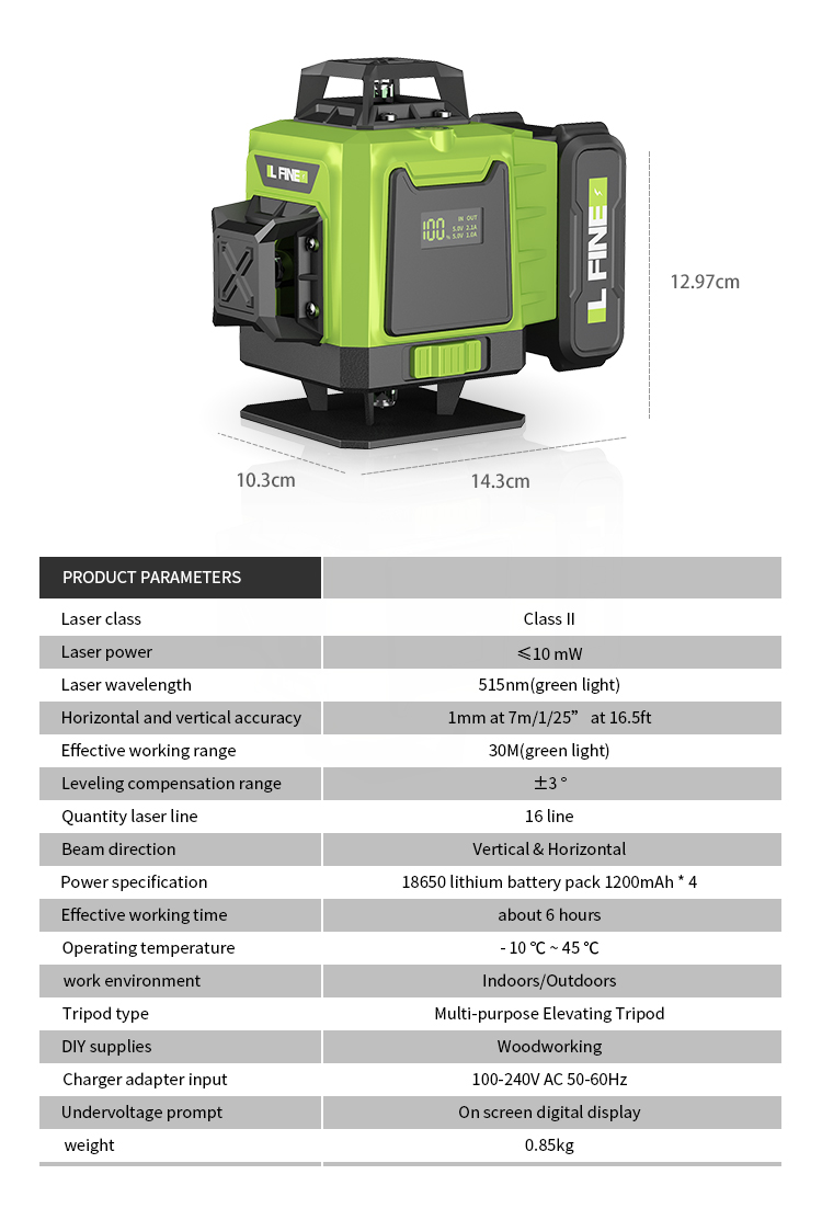 LFINE 4D 16 Line Laser Level 515nm Green Class II Self-Leveling